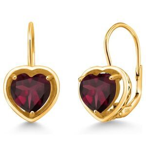 18K Yellow Gold 925 with 3.00 Cttw 7MM Rhodolite Garnet Heart Leverback Earrings